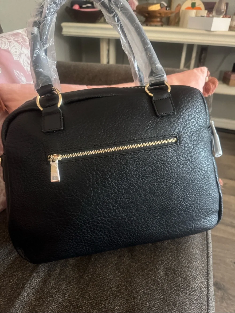 Black vegan Leather Tote Bag with Gold Hardware 15.5 L by 12 in H